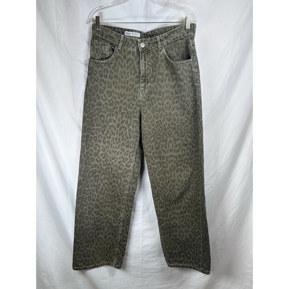 Zara Green Wide Leg High Waist Jeans Animal Print Relaxed Fit Jeans